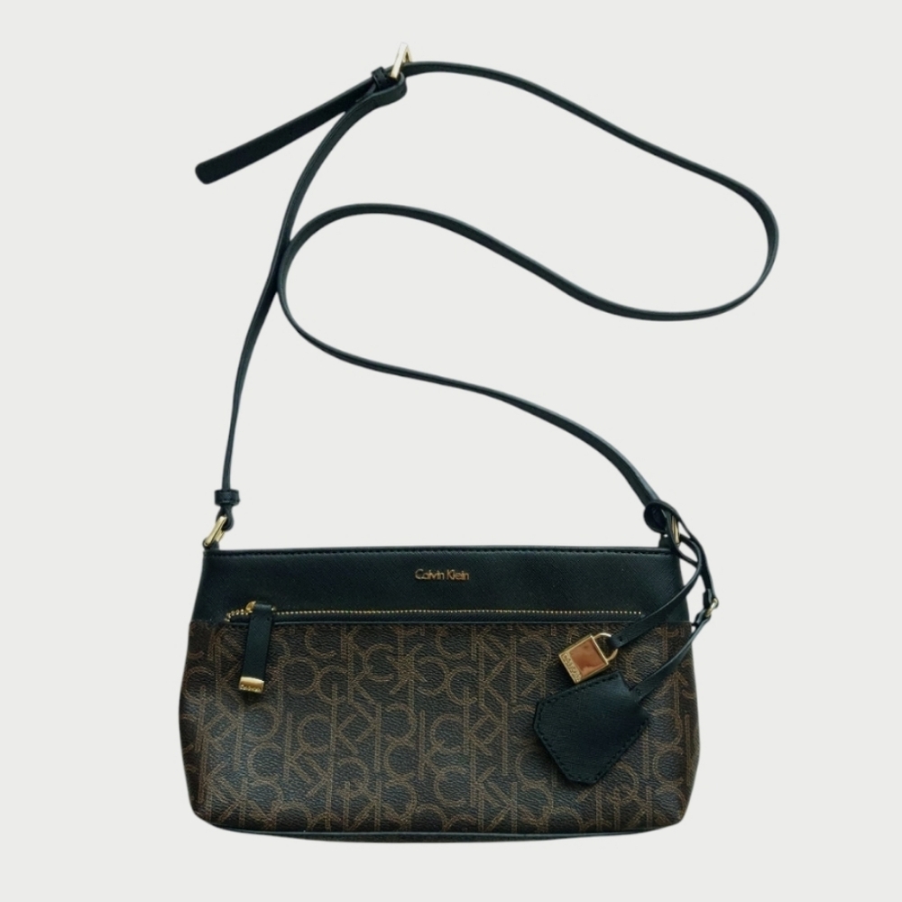 CALVIN KLEIN Monogram Logo Print Crossbody Bag Purse Brown Black Long Strap